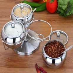 3pcs Stainless Steel Spice Jar with Revolving Stand Silver Color