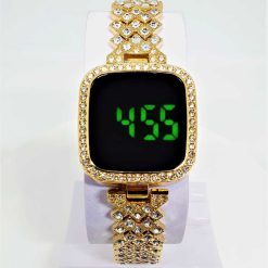New Trend Fashion Steel Chain Diamond Women Watch Full Diamond Touch Screen LED Water Diamond Bracelet Watch (Golden)
