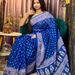 Navy Blue Half Silk Saree Skin Print-2023